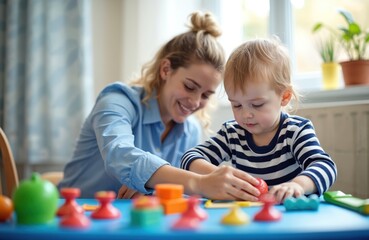 Child occupational therapist helps young boy with sensory play activities. Woman guides toddler on developing fine motor skills with colorful toys. Kid learns through hands-on interaction, building
