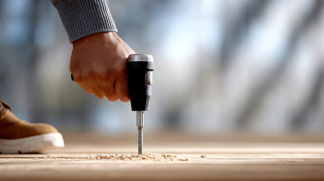 Construction worker removing nails from subflooring under soft cloudy daylight for renovation project