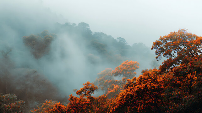 Misty forest canopy with vibrant autumn foliage trees