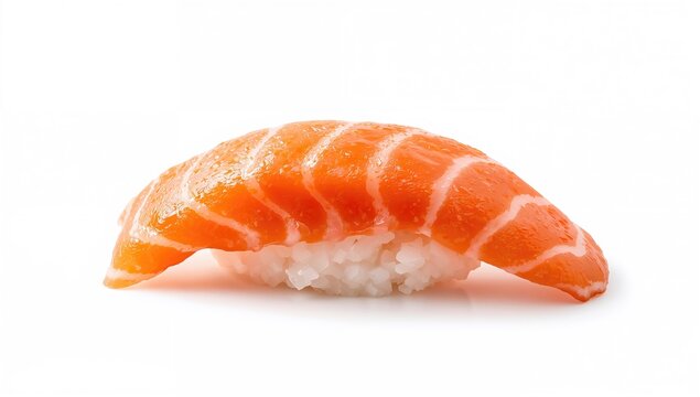 Salmon sushi displayed on a white backdrop, protein-rich meal