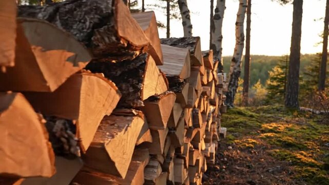 A beautifully composed close-up shot of a meticulously stacked pile of split firewood, glowing warmly under the soft, golden light of either sunrise or sunset. The natural textures of the rough bark a