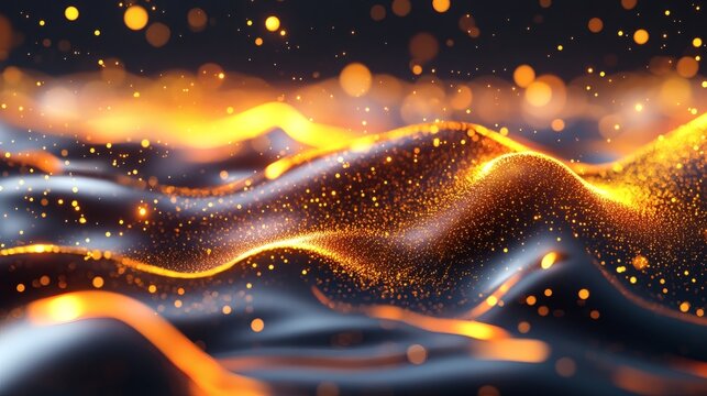 Abstract representation of glowing golden waves with a dark background. The scene exudes warmth and dynamism
