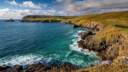 Fototapeta premium The Scenic Beauty of Ireland, a lush green landscape by the ocean, an adventure in nature