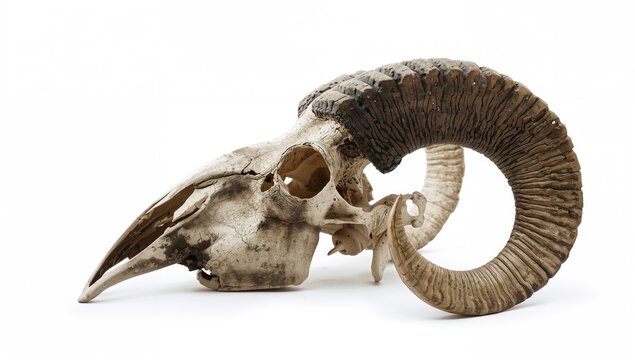 Skull of a ram from ancient times, displayed against a white backdrop, symbolizing historical significance