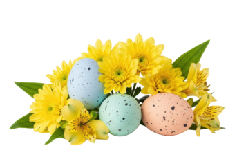 Three pastel speckled Easter eggs nestled among vibrant yellow chrysanthemums, delicate alstroemeria, and green leaves on a transparent background, concept of joyful spring celebration