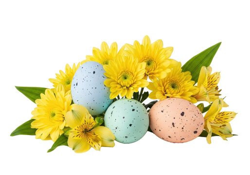 Three pastel speckled Easter eggs nestled among vibrant yellow chrysanthemums, delicate alstroemeria, and green leaves on a transparent background, concept of joyful spring celebration