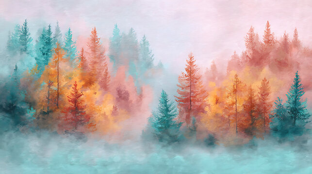 Misty forest with vibrant autumn colors and soft sky trees