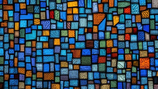 Multicolored stained glass window featuring an uneven block design in shades of blue, suitable for editorial header background