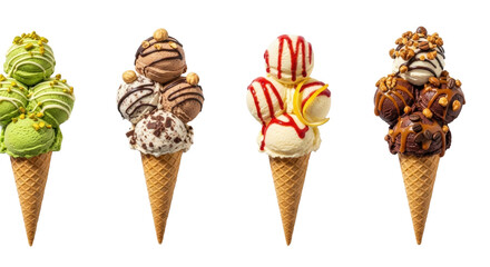 Six vibrant, diverse gourmet gelato waffle cones, topped and drizzled, against a transparent studio background with copy space, concept for luxury dessert advertising