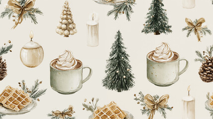 Watercolor Christmas pattern with trees, candles and hot drinks