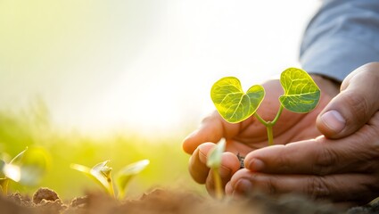 Close up of hands holding green seedling in fertile soil outdoors
