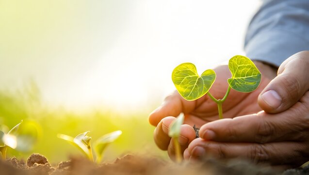 Close up of hands holding green seedling in fertile soil outdoors