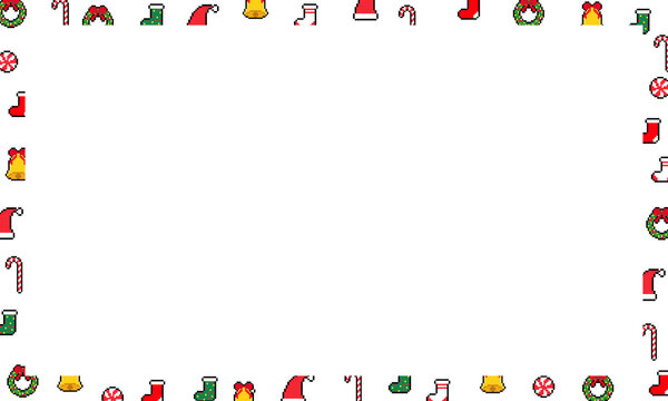Christmas border frame with cute ornaments pattern, Christmas rectangle frame, Christmas ornaments pixel art style