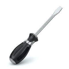 A flathead screwdriver with a black and silver handle isolated on a white background in studio shot