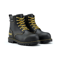 A pair of black leather work boots with yellow laces and stitching on a white background studio shot