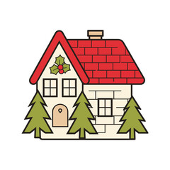 Cozy Christmas House with Holly and Pine Trees