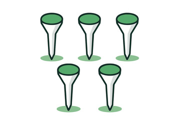 Five golf tees with green tops isolated on white background