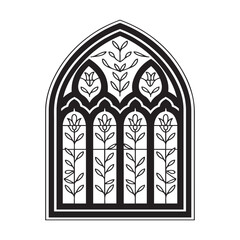 Gothic Arched Window with Floral Line Art Details