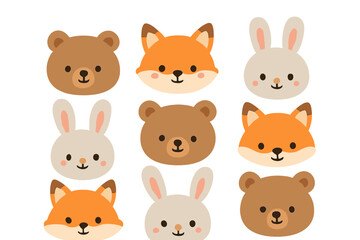 Set of cute forest animal faces featuring bear, fox, and rabbit icons