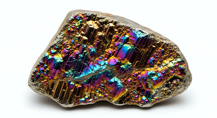 Close up of a colorful bismuth crystal with iridescent colors on a white background surface