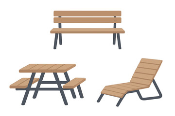 Wooden outdoor park furniture set with bench picnic table and modern lounger