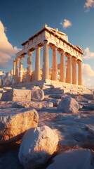 Obraz premium Ancient architecture in a beautiful sunlight setting. The Parthenon, showcasing its timeless beauty, with the sun casting a warm glow