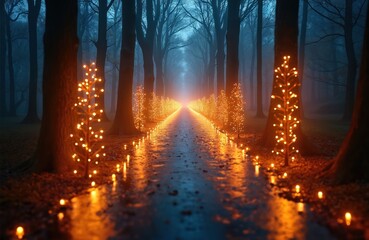 Dark forest path illuminated by numerous small orange lights and glowing trees. Tall dark trees line the walkway leading to a bright distant glow. Misty atmosphere creates a magical scene.
