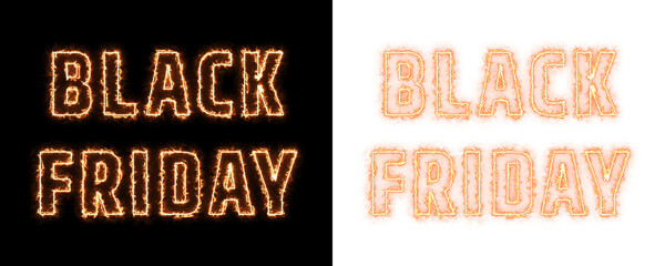 Black Friday glowing torch neon text design in orange on black and transparent background, modern sale typography for shopping promotions