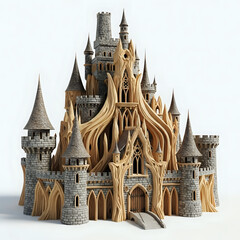 A detailed castle model with multiple towers and intricate designs on a white background studio shot