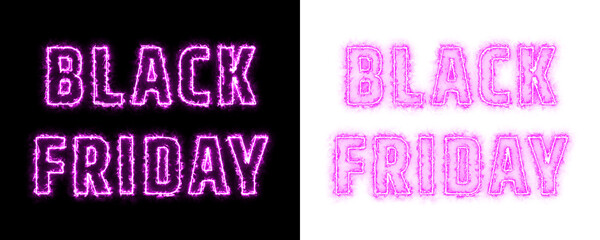 Black Friday glowing torch neon text design in pink on black and transparent background, modern sale typography for shopping promotions