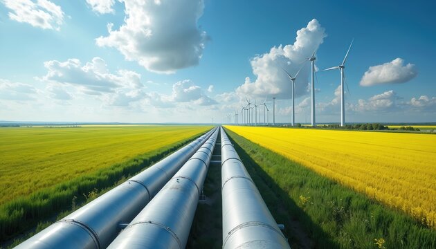 Industrial pipes stretch across yellow field toward distant wind turbines under blue sky. Power generation infrastructure meets renewable energy source. Rural landscape features agriculture, industry.