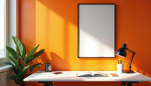 Modern office desk with blank picture frame on bright orange wall. Green plant and desk lamp create inspiring workspace. Open book and phone suggest work in progress.