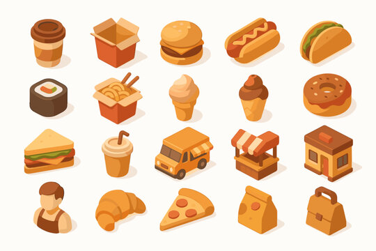 Street Food and Cafe Icons – Isometric Fast Food Vector Set