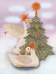New Year's card, hand-drawn poster. Christmas illustration of geese decorating a Christmas tree against a winter forest