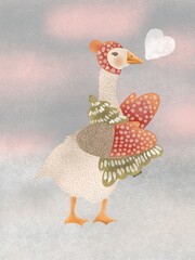 New Year's card, hand-drawn poster. Christmas illustration of a cute goose with a Christmas tree against a snowy landscape