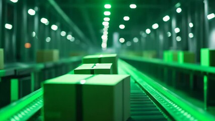 Packages moving on green illuminated warehouse conveyor belt