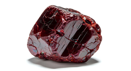 A close up shot of a red mineral stone with cracks and shadows on a white surface in the studio light