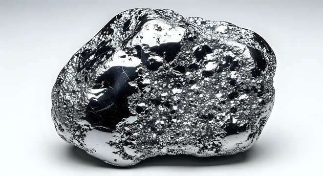 Close up of a shiny metallic nugget on a white surface showing intricate textures and reflections all around