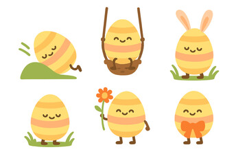 Set of cute happy striped Easter eggs characters with various activities