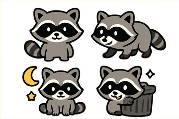 Charming raccoon character set with various poses and nocturnal symbols © icon_art