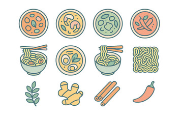 Collection of Asian noodle soup ingredients and prepared dishes icons