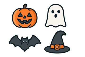 Collection of cute Halloween symbols: jack o lantern, ghost, bat, and witch hat