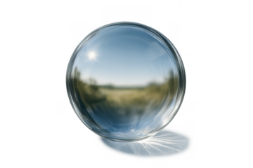 Glass sphere capturing an inverted natural landscape reflection with sunlight, transparency, and a vibrant field view