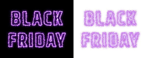 Black Friday glowing torch neon text design in purple on black and transparent background, modern sale typography for shopping promotions