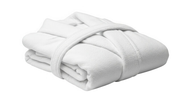Folded white bathrobe with belt isolated on transparent background