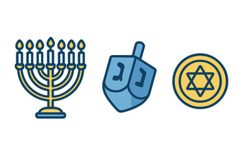 Set of Hanukkah symbols including menorah dreidel and Star of David