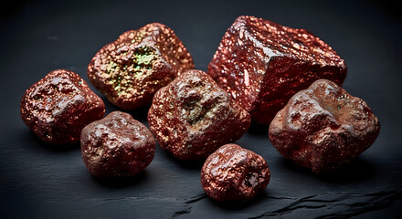 A collection of iridescent copper nuggets displayed on a dark slate surface with soft lighting
