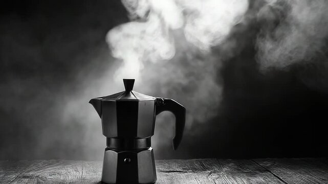 Moka pot brewing coffee with steam rising