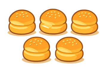 Five cartoon sesame seed burger buns, one featuring a slice of cheese