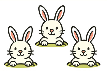 Three cute white rabbits peeking out from ground holes